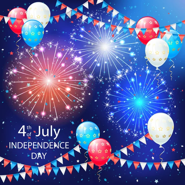 Balloons and fireworks on Independence day background — Stock Vector