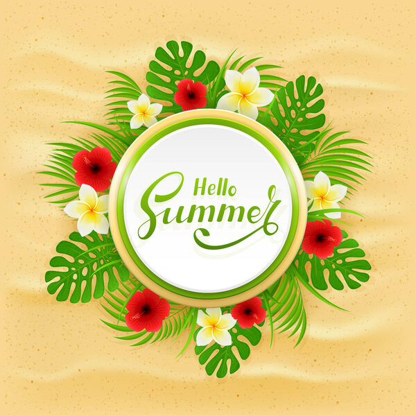 Card with lettering Hello Summer and palm leaves on sandy backgr