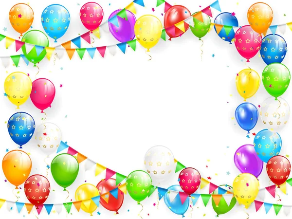Geburtstagsballons und buntes Konfetti auf weißem Hintergrund — Stockvektor