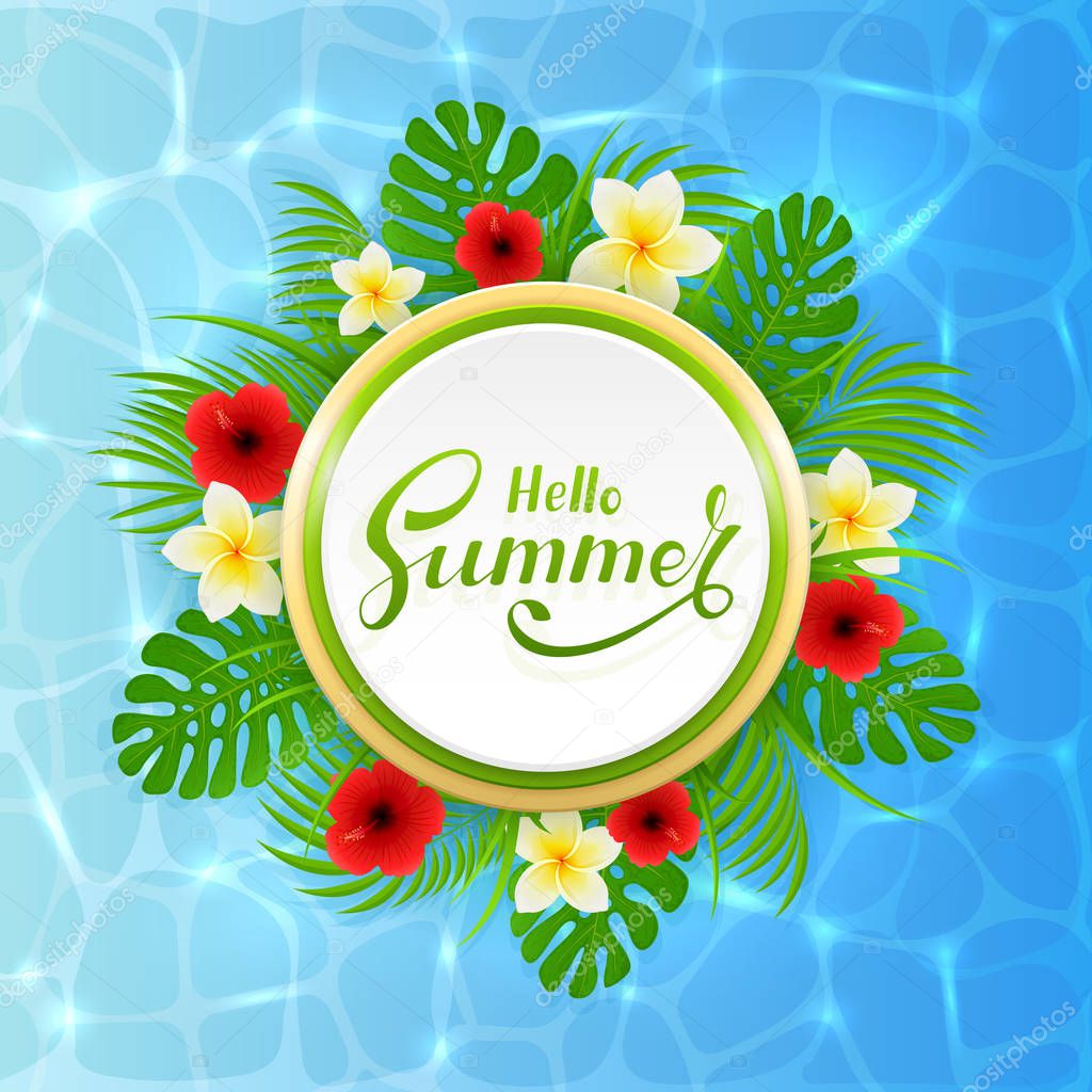 Card with lettering Hello Summer and palm leaves on water backgr