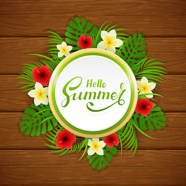 Card with lettering Hello Summer and palm leaves on wooden backg