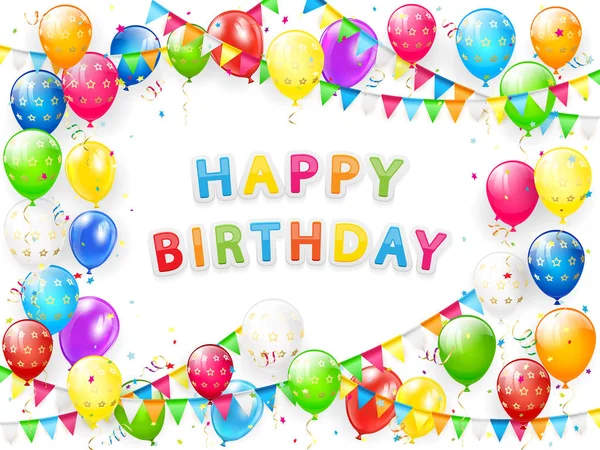 Congratulações de aniversário com balões e confetes em bac branco — Vetor de Stock