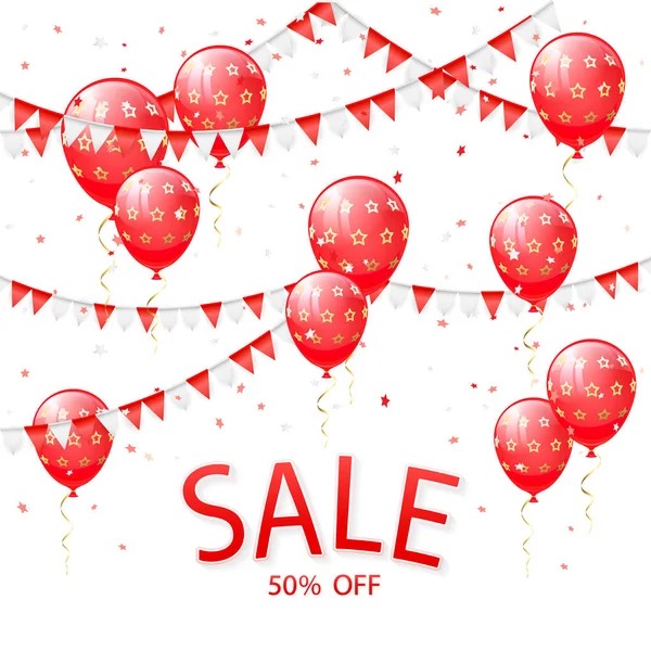 Belettering van verkoop met rode ballonnen en wimpels — Stockvector