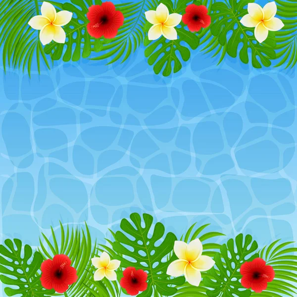 Marco de hojas de palma y flores sobre fondo de agua — Vector de stock