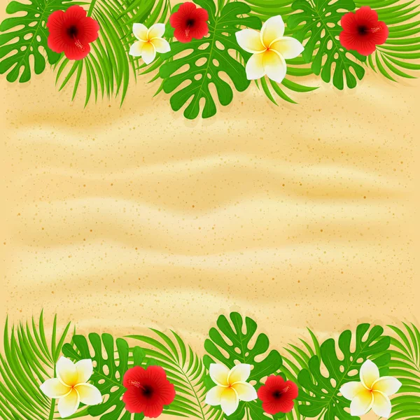 Palmiye yaprakları ve çiçekleri kumlu zemin üzerine çerçeve — Stok Vektör