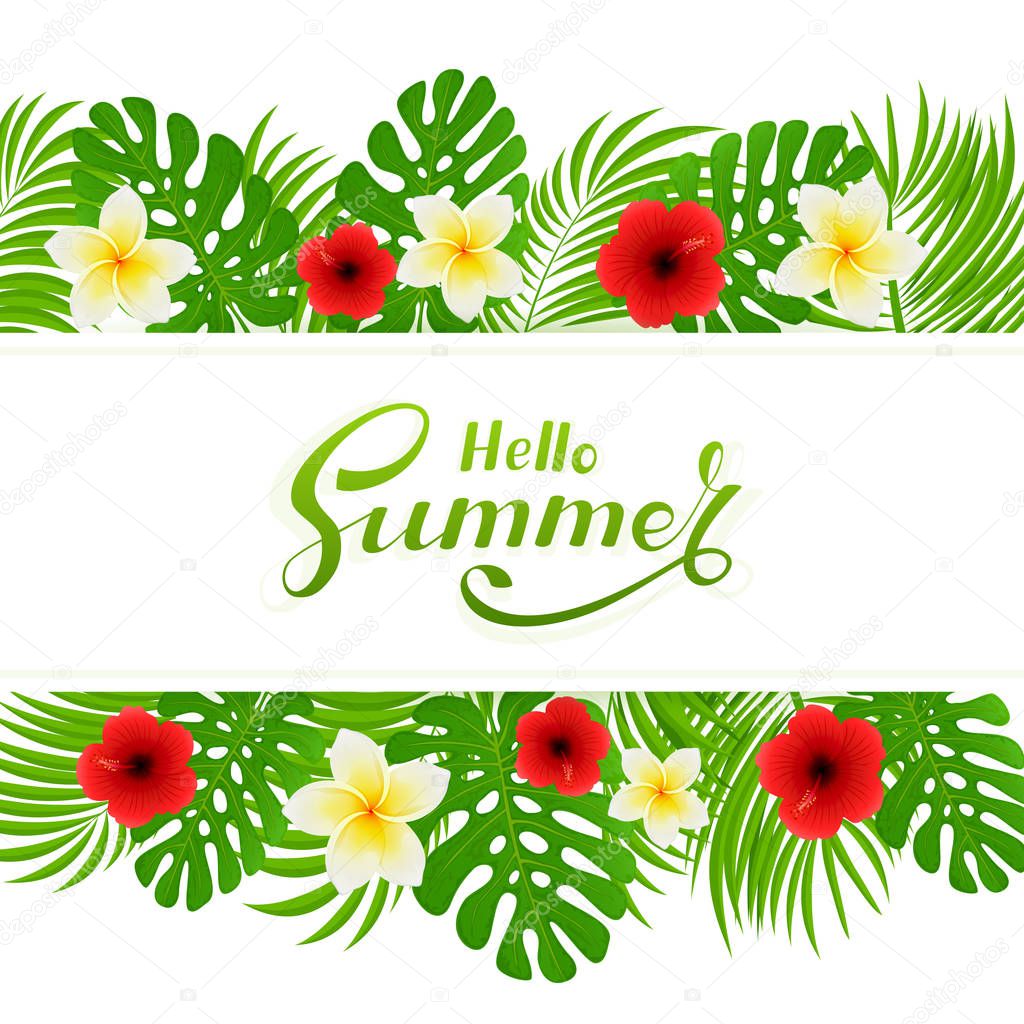 Palm leaves and flowers on white tropical background