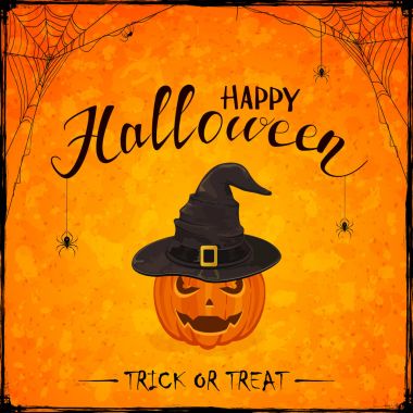 Halloween Tema turuncu zemin üzerine cadı şapkalı kabak ile