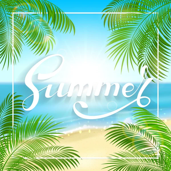 Palm leaves and lettering Summer on the beach background — Stock Vector