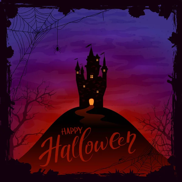 Sfondo Halloween con castello e ragni — Vettoriale Stock