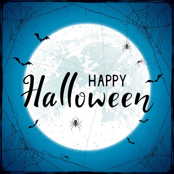 Happy Halloween on blue grunge background with Moon and spiders — Stock Vector