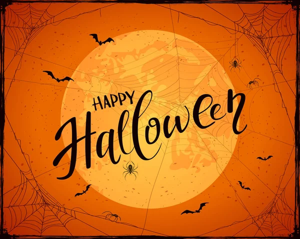 Lettering Happy Halloween on orange grunge background with Moon — Stock Vector
