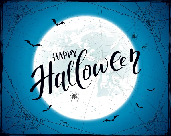 Lettering Happy Halloween on blue grunge background with Moon an — Stock Vector