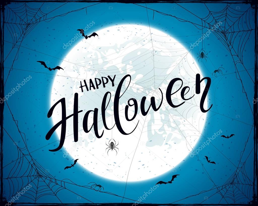 Lettering Happy Halloween on blue grunge background with Moon an