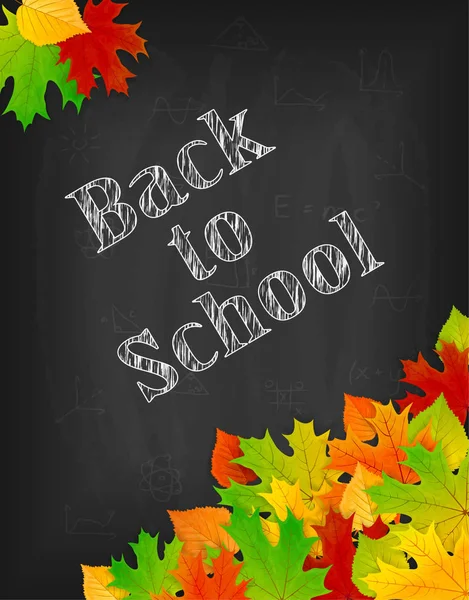 Back to School theme on black chalkboard with leaves — Stock Vector