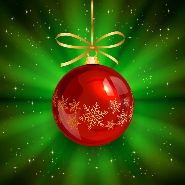 Red Christmas ball on green background — Stock Vector