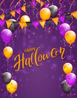 Cadılar Bayramın kutlu olsun flamalar ve balonlar mor zemin üzerine yazı