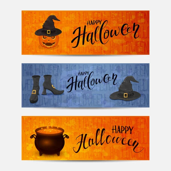 Conjunto de pancartas con letras Feliz Halloween — Vector de stock