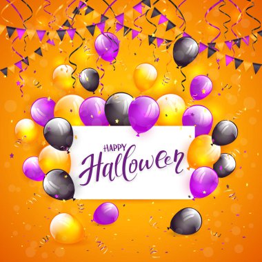 Cadılar Bayramı balonlar ve turuncu zemin üzerine konfeti