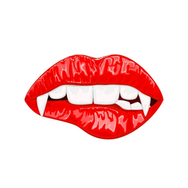 Red female lips with vampire fangs — Stock Vector