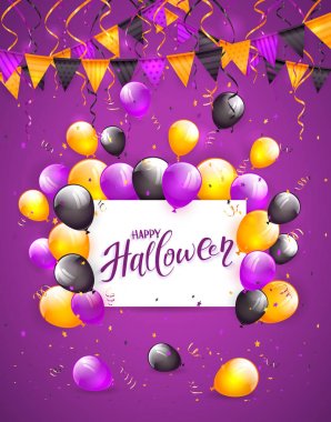 Mutlu Cadılar Bayramı kartı balonlar ve konfeti Menekşe bac üzerinde