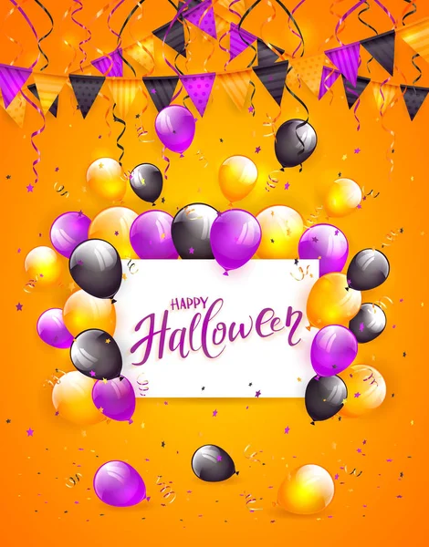 Mutlu Cadılar Bayramı kartı balonlar ve konfeti turuncu bac üzerinde