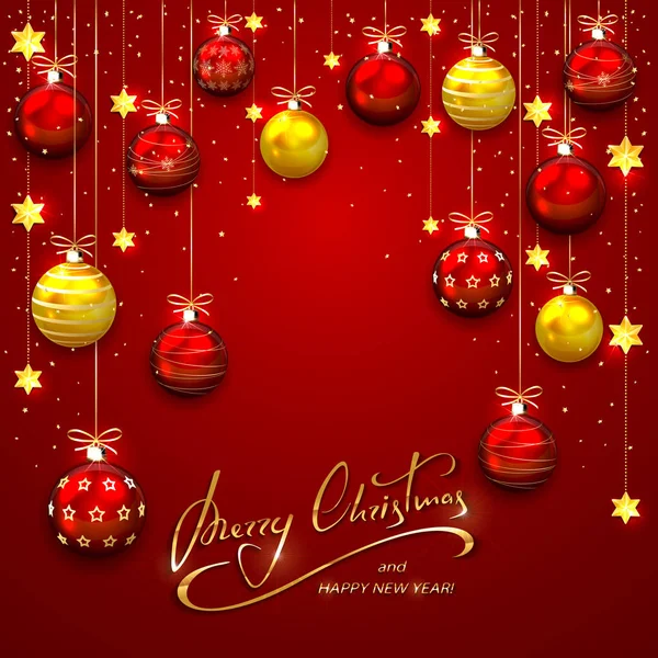 Noel topları ve kırmızı bir arka plan üzerinde yıldız