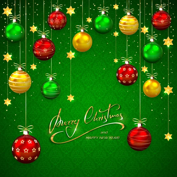 Boules de Noël et étoiles sur fond vertFond vert wi — Image vectorielle