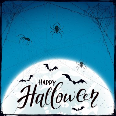 Örümcekler ve yarasalar mavi grunge zemin üzerine Cadılar Bayramın kutlu olsun