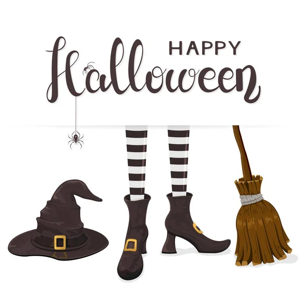 Text Happy Halloween mit Hexenbeinen mit Hut und Besen — Stockvektor