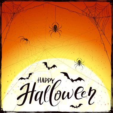 Örümcekler ve yarasa turuncu grunge zemin üzerine Cadılar Bayramın kutlu olsun