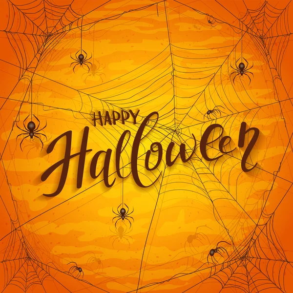 Text happy halloween auf orangefarbenem Hintergrund mit Spinnen — Stockvektor