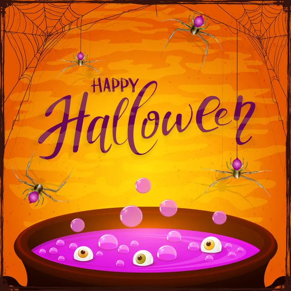 Halloween-Hexenkessel mit lila Zaubertrank und Spinnen auf orangefarbenem Rücken — Stockvektor