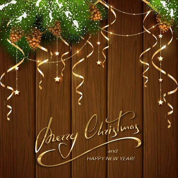 Buon Natale con decorazioni e stelle filanti su b di legno marrone — Vettoriale Stock
