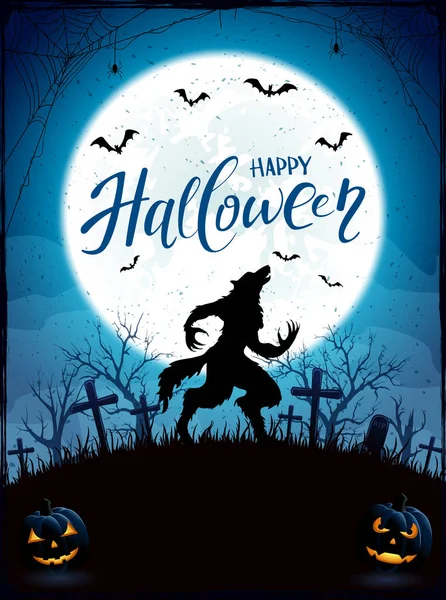 Feliz Halloween con hombre lobo y luna sobre fondo azul — Archivo Imágenes Vectoriales