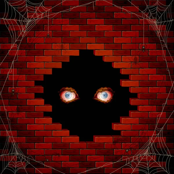 Böse Augen im Loch der Ziegelmauer und Spinnen — Stockvektor