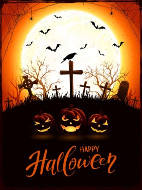 Halloween Tema kabaklar ve kuzgun mezarlığı Moon ile üzerinde