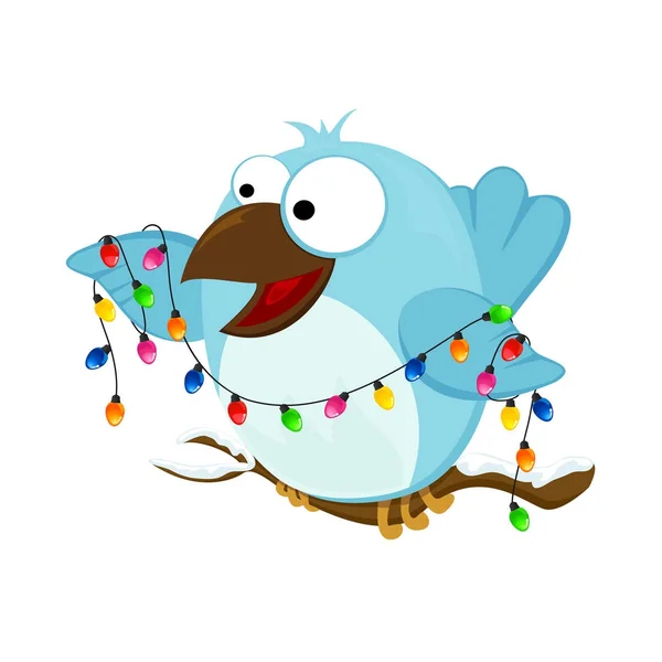 クリスマス ライトを持つ幸せの鳥 — ストックベクタ