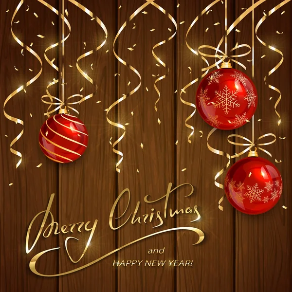 Lettere di Natale e Capodanno con palline rosse e brillantezza dorata — Vettoriale Stock