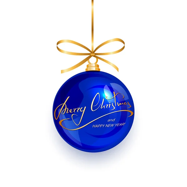 Niebieski piłka z tekstem Wesołych Świąt i szczęśliwego nowego roku — Wektor stockowy