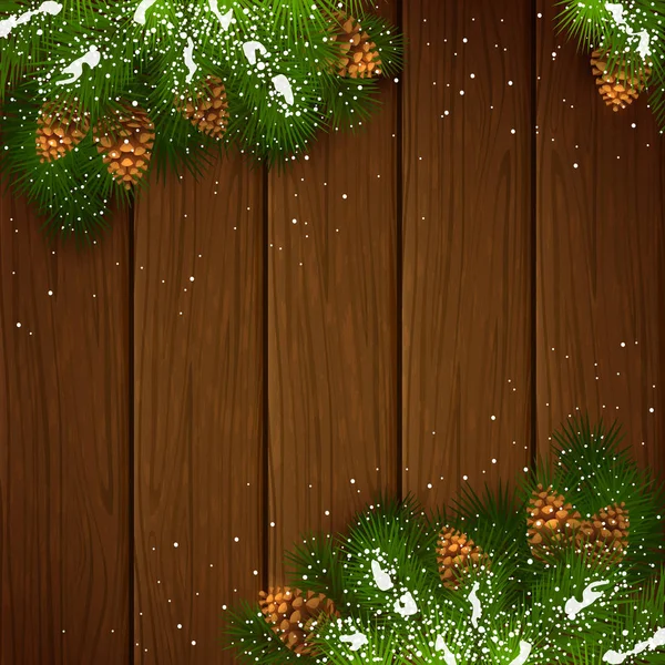 Decoraciones navideñas con nieve sobre fondo de madera marrón — Vector de stock