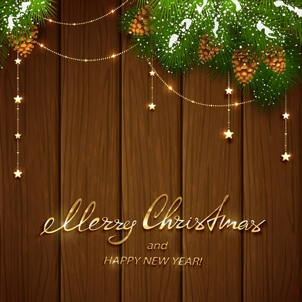 Vrolijk kerstfeest met gouden versieringen op bruin houten CHTERGRO — Stockvector