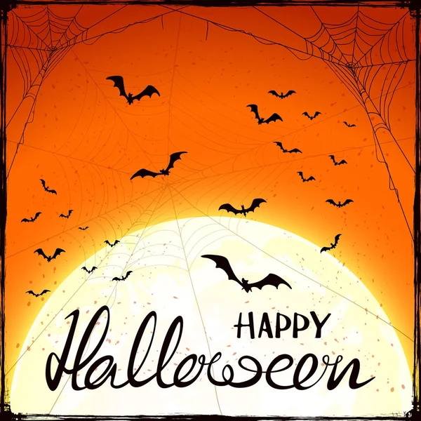 Buon Halloween su sfondo arancione grunge con la luna e pipistrelli — Vettoriale Stock