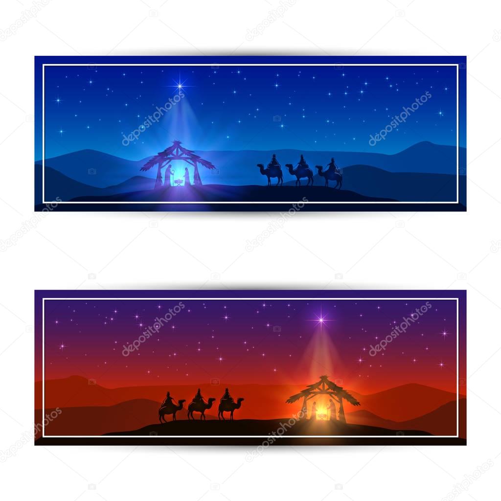 Two Christmas cards with star and birth of Jesus
