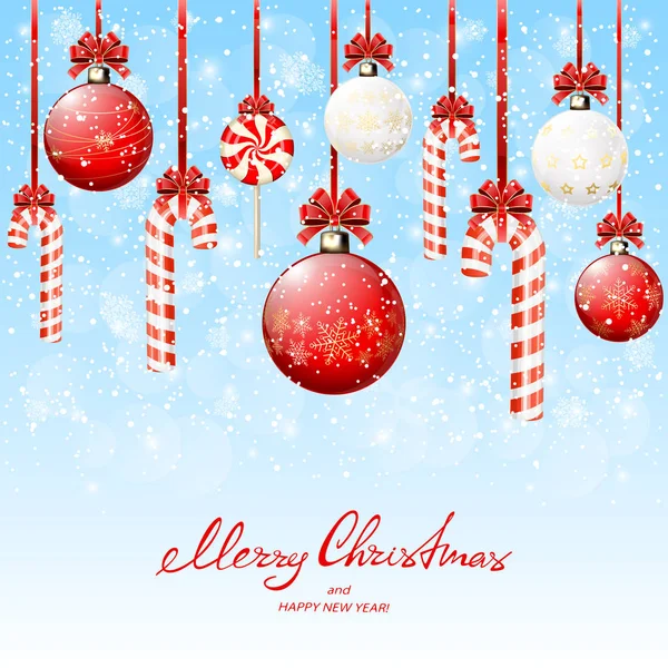Décorations de Noël avec boules et sucettes sur fond neigeux — Image vectorielle