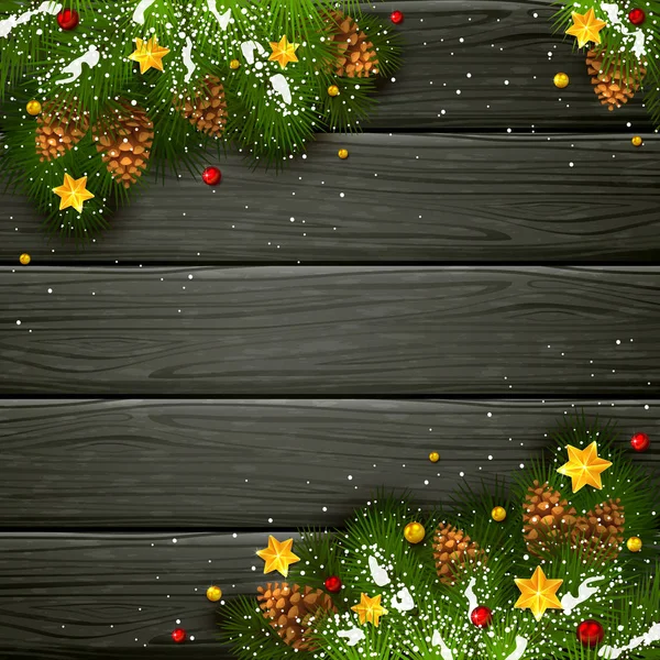 Decoraciones navideñas con nieve y estrellas sobre fondo de madera negra — Vector de stock