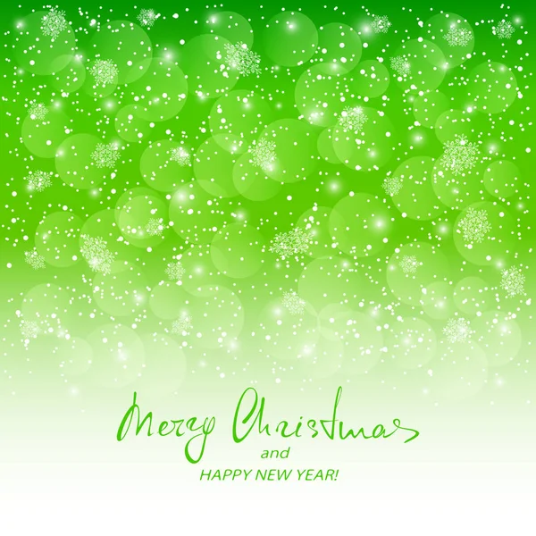 Texto Feliz Navidad y Feliz Año Nuevo en el fondo nevado verde — Vector de stock
