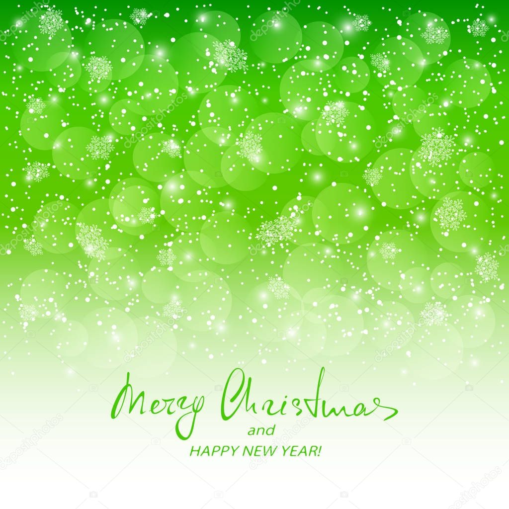 Text Merry Christmas and Happy New Year on green snowy backgroun