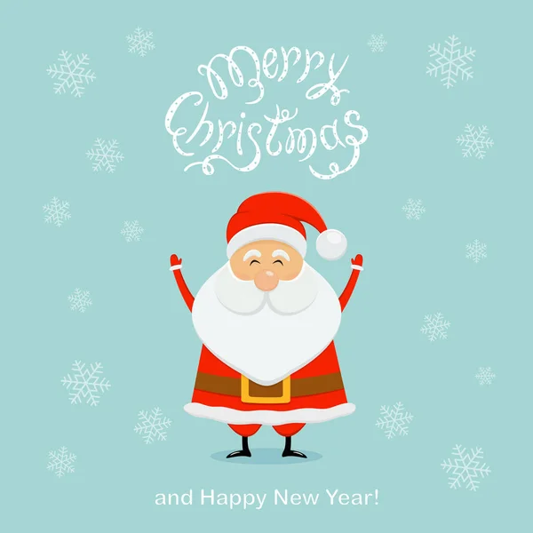 Blauer Weihnachtshintergrund mit glücklichem Weihnachtsmann und Schneeflocken — Stockvektor