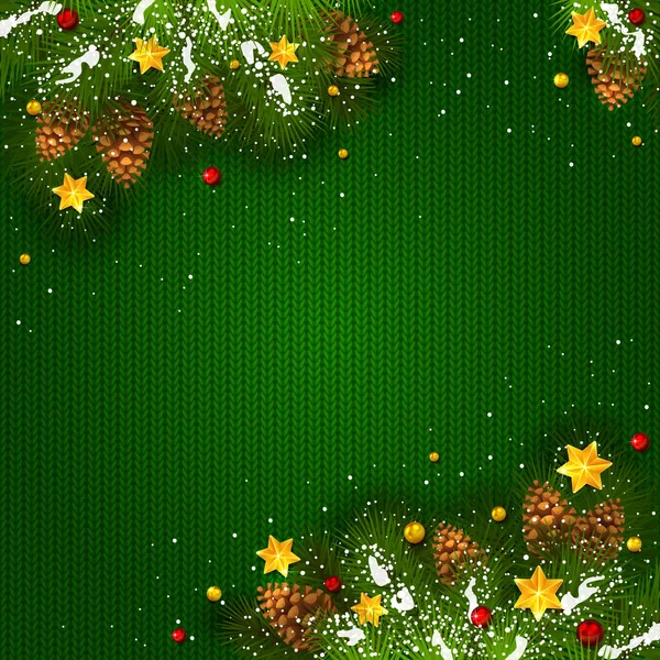 Рождественские украшения со снегом и звездами на зеленом трикотаже — стоковый вектор