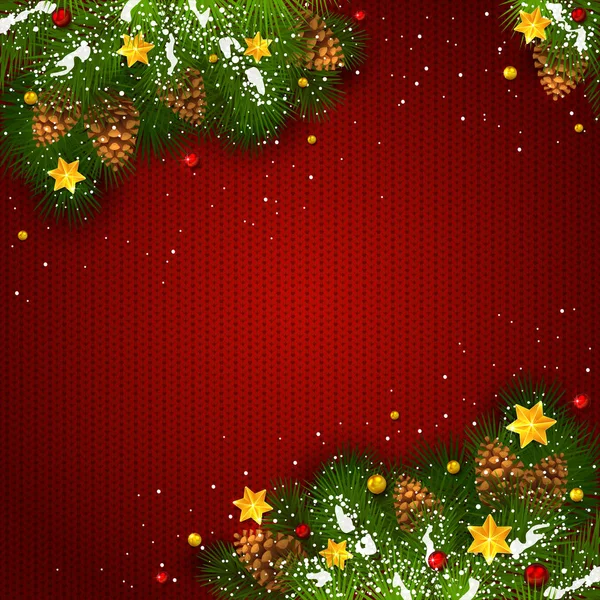 Decoraciones de Navidad con nieve y estrellas en el backgro de punto rojo — Vector de stock